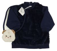 Nové - 2set - Tmavomodré chlupato/teplákové šaty + béžová kabelka Mayoral