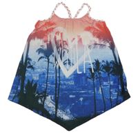 Růžogo-modrý asymetrický top s palmami a nápisom Yigga