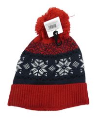 Nové - Červeno-tmavomodrá vzorovaná čapica s brmbolcom