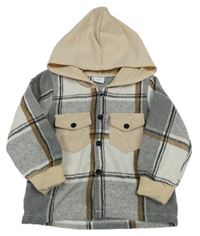 Sivo-pudrovo-biela kockovaná košeľová bunda s kapucňou