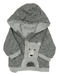 Šedá melírovaná propínací podšitá mikina s medvídkem a kapucí Topomini 