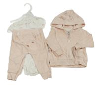 Nový - 3Set - Světlerůžová froté propínací mikina s kapucí s oušky + tepláky - ovečka + bílé body s ovečkami a květy carter's