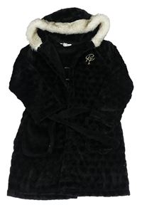 Černý plyšový župan se srdíčky a logem a nápisy a kapucí s kožešinou RIVER ISLAND
