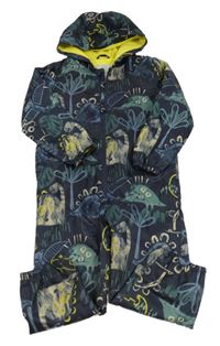 Tmavomodrá šušťáková jarná kombinéza s dinosaurami a palmami a listami a kapucňou zn. George