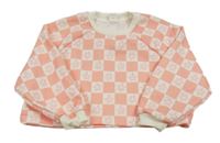 Korálovo-smotanová kockovaná oversize crop mikina s kvetmi