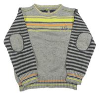 Sivo-tmavomodro-oranžovo-limetkový melírovaný pruhovaný pletený sveter s číslom ORCHESTRA