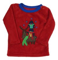 Červeno-zafírová plyšová mikina so sobom a tučňáčky