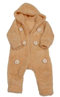 Marhuľová chlpatá kombinéza s 3D kvety a kapucňou Kidex's