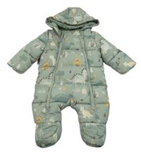 Světlekhaki prešívaná šušťáková zimná kombinéza s dinosaurami a kapucňou PRIMARK