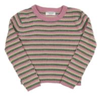 Ružovo-tmavozeleno-smotanový pruhovaný rebrovaný žinylkový crop sveter PRIMARK