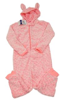 Nové - neonově korálovo-bílá vzorovaná plyšová kombinéza s kapucí s oušky Y.F.K.