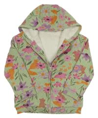 Světlezelená vzorovaná propínací zateplená mikina s kytičkami a zvířátky a kapucí Nutmeg