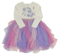 Nové - biele šaty s jednorožcom a hvězdičkami z flitrů a růžovo-fialovým tylem PRIMARK