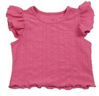 Tmavoružové vzorované perforované crop tričko s volánikmi SHEIN