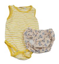 2Set - Bílo-žluté pruhované body Liegelind + pudrové plavkové kalhotky s třešničkami Benetton