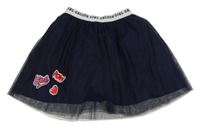 Tmavomodro-biela tylová sukňa s nášivkami a logy SACOOR