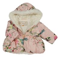 Světlerůžová prošívaná šusťáková zimní parka s ptáčky a rozkvetlými větvičkami a kapucí s kožešinou TED BAKER