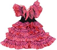 Kockovaným - Ružovo-čierne šaty s bodkami a strapcemi