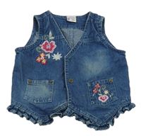 Modrá rifľová vesta s výšivkami květů