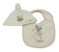 2set - Krémová puntíkatá bavlněná čepice s králíkem + froté slinták s myškou