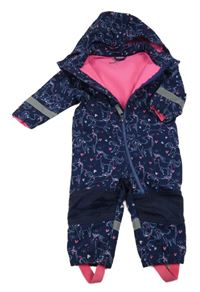 Tmavomodrá softshellová kombinéza s jednorožci a kapucí Topomini