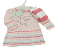 Nové - 2set - Světlerůžové svetrové šaty s králíky a vzorem + růžové punčocháče Miniclub