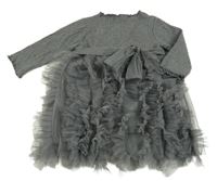 Tmavošedé žebrovano/tylové šaty s mašlí