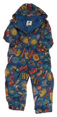 Petrolejová šušťáková lehce zateplená kombinéza s obrázkami a kapucňou Tu