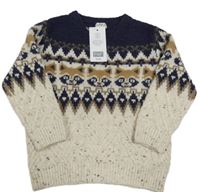 Nové - Béžovo-tmavomodrý vzorovaný svetr s liškami F&F