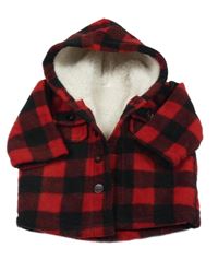 Červeno-čierna kockovaná fleecová zateplená bunda s kapucňou Benetton