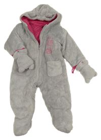 Šedá chlupatá zateplená kombinéza s kapucí + rukavice 