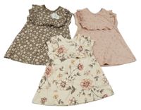 Nové - 3x šaty - smetanové květované + světlerůžové + hnědé květované George