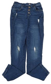 Tmavomodré skinny rifle s vyšúchaním a gombíkmi