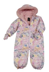 Nové - Ružová šušťáková kvetovaná vzorovaná zimná kombinéza so zvieratkami a kapucí + rukavice Dunnes Stores