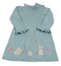 Modré úpletové šaty s králíčky a volánikmi Nutmeg