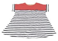 Ružovo-bielo-tmavomodré teplákové pruhované šaty