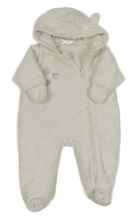 Smotanová plyšová zateplená kombinéza s nášivkami a kapucí + rukavice Ergee