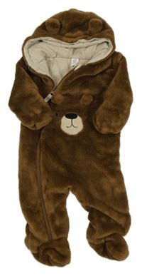Hnědá plyšová podšitá kombinéza s kapucí - medvídek Topomini