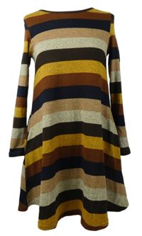 Dámské hnědo-okrovo-tmavomodré pruhované úpletové šaty Apricot 