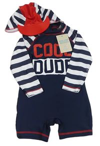 2set- Tmavomodro-pruhovaný UV overal s nápisem+ šiltovka Primark