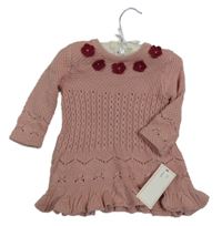 Nové - Světlerůžové pletené šaty s kytičkami 