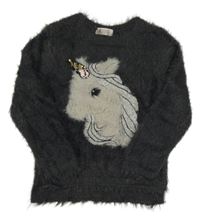 Antracitový chlpatý sveter s jednorožcom H&M