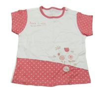 Bielo-ružové vzorované tričko s potlačou a výšivkou