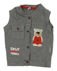 Sivá rebrovaná tepláková vesta s medvěďom