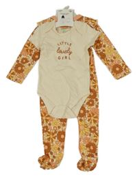 Nový - 2set - hnědo-oranžový květovaný overal + béžové body s nápisem