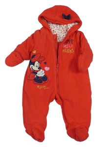 Červená fleecová zateplená kombinéza s Minnie a kapucňou