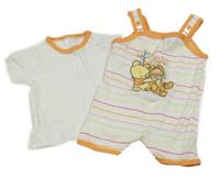 2set - bielo-farebný pruhovaný kraťasový overal s medvídkem Pú + smotanové tričko C&A