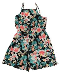 Čierno-zeleno-ružový kvetovaný kraťasový ľahký overal Primark