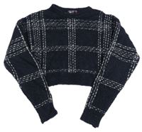 Tmavomodro-biely kockovaný crop sveter New Look