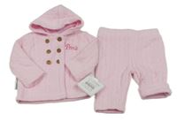 Nové - 2Set - Světlerůžový vzorovaný propínací podšitý svetr s nápisem a kapucí + podšité tepláky 